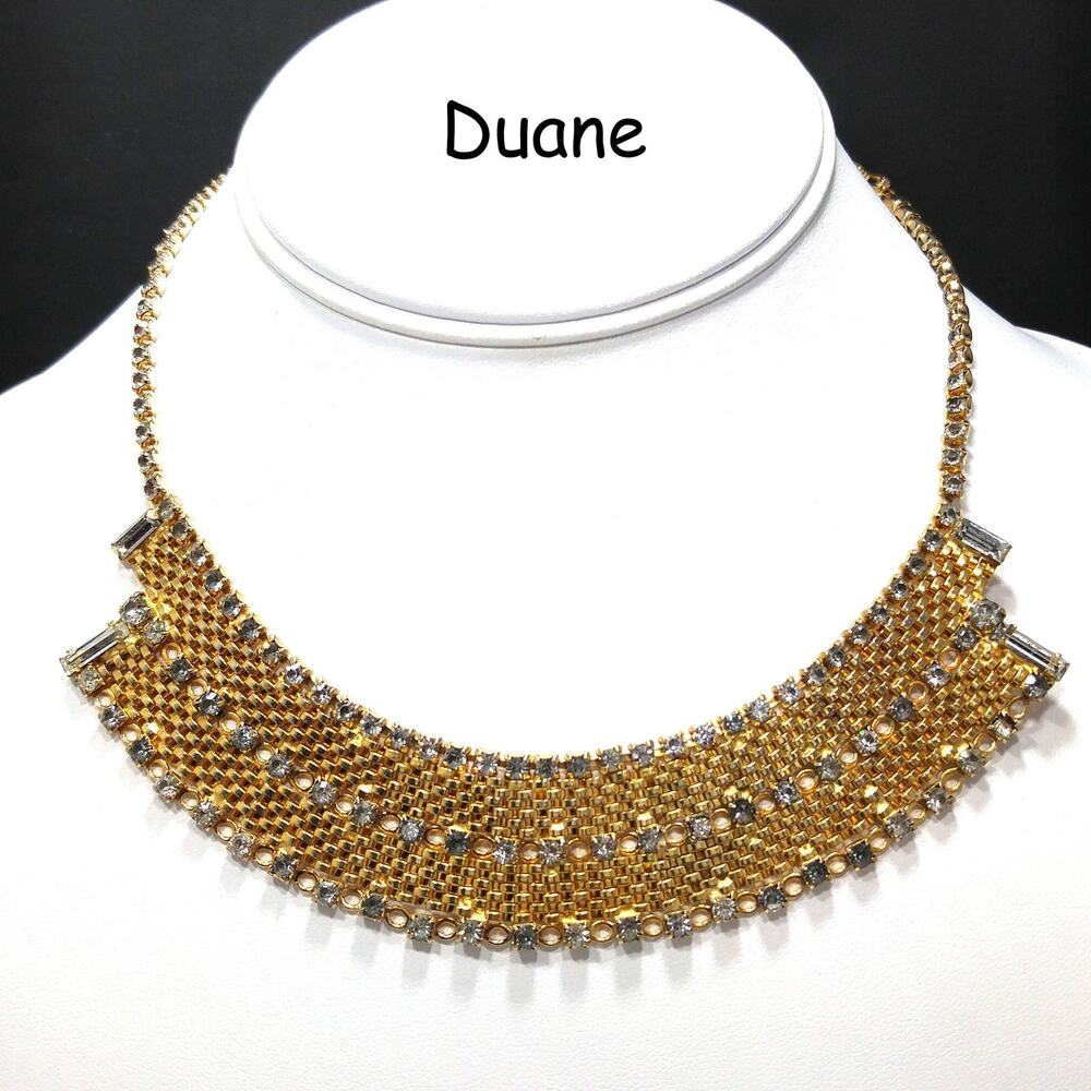 Rare Duane Mesh Rhinestone Necklace, Gold Plated, 1950s Vintage Jewelry